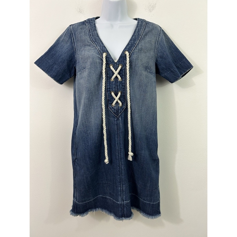 Current/Elliott Denim Dress Womens Size 2 The All Laced Up Blue Raw Hem